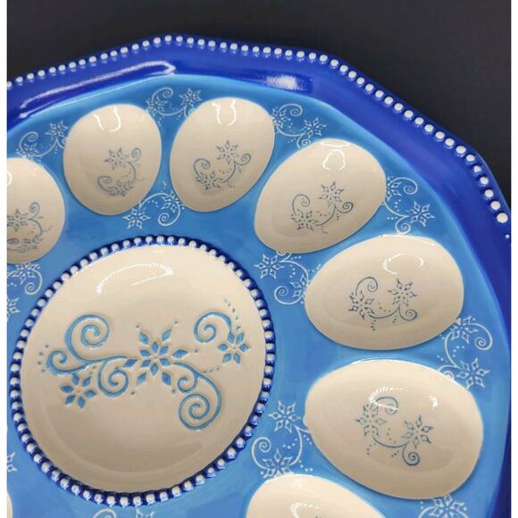 Deviled Egg Plate Tray Temptations by Tara Floral 11.5” Light and Dark Blue EUC - Picture 3 of 7